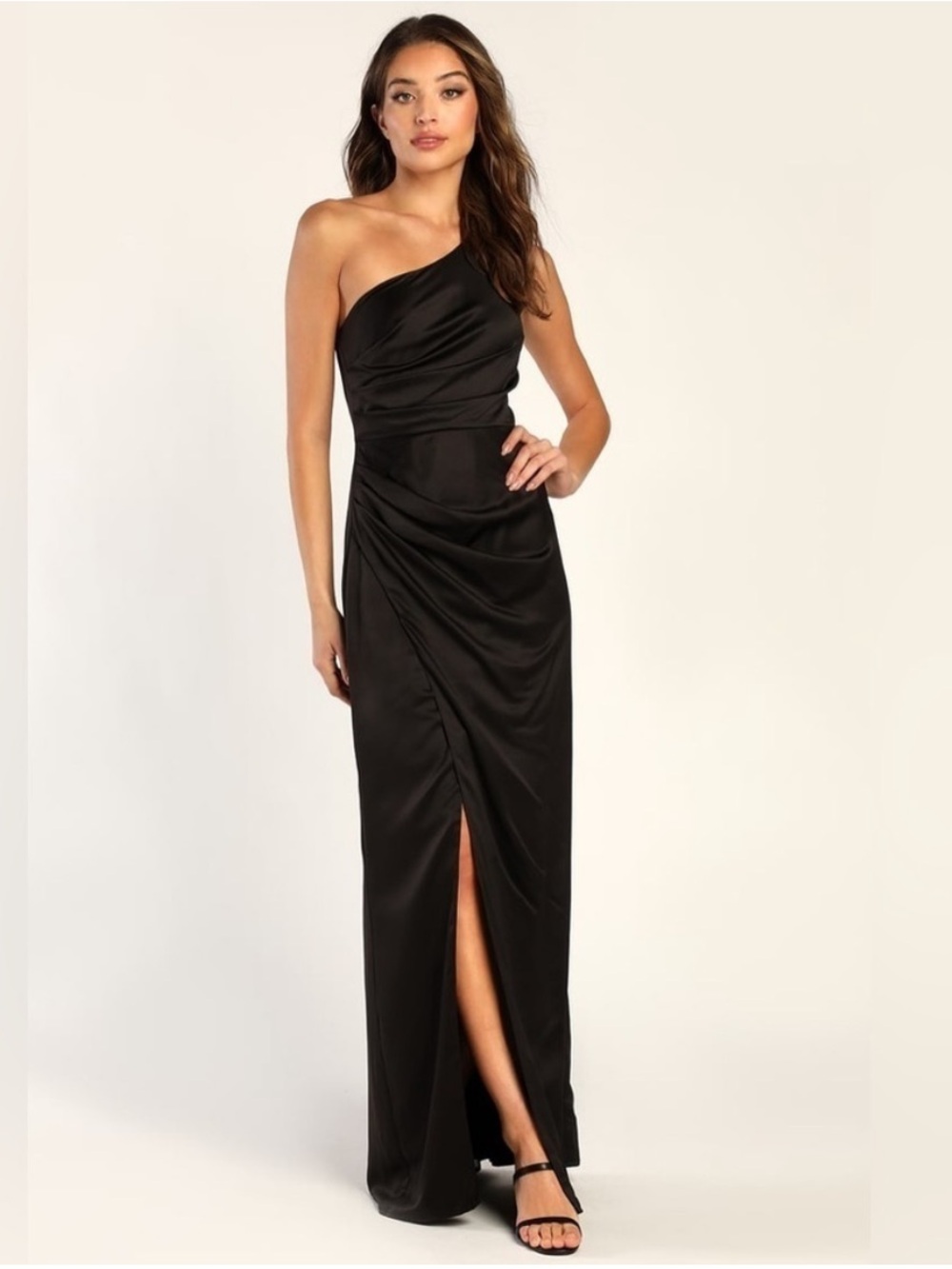 LULU'S Dreaming Of Elegance Black Satin One-Shoulder Maxi Dress small